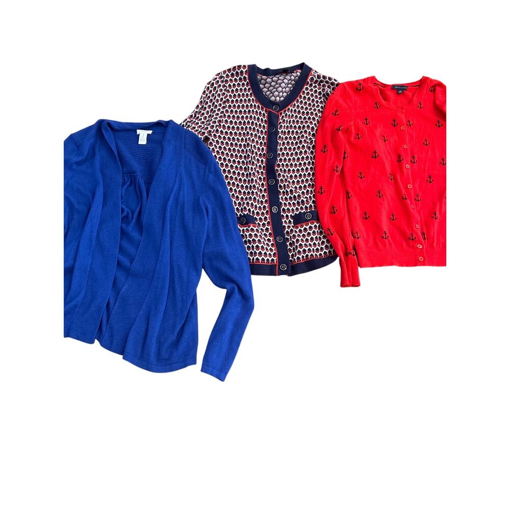 Bundle of 3 Cardigan Sweaters Blue Red Chicos Tommy Hilfiger Foxcroft Size XS-S